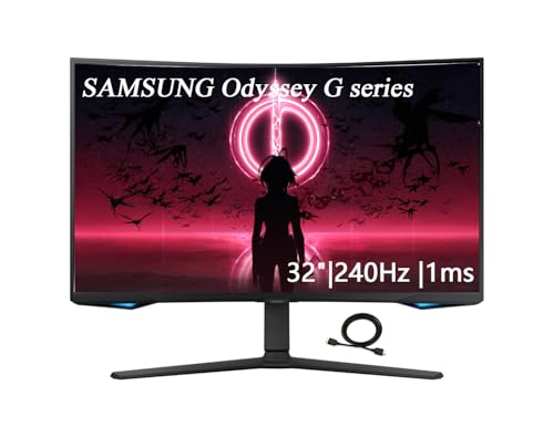 Image of Samsung 32 inch Odyssey G Series QHD Gaming Monitor, 240Hz, 1ms, Gaming Hub, Smart TV Apps, 1000R Curved, Swivel & Tilt Adjustable Stand, Black, with GSF HDMI Cable