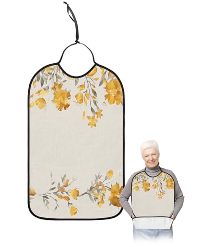 Jolunifun Retro Fall Floral Adult Bib for Adults Men, Women, Washable & Adjustable Terry Cloth Bib with Crumb Catcher Reusable Waterproof Clothing Clothes Protector Apron Farmhouse Autumn Leaves