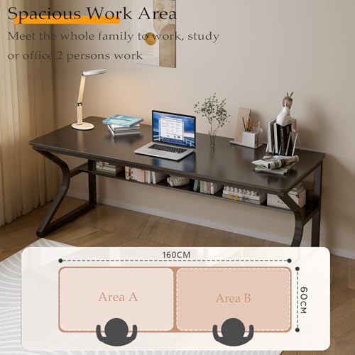 Extra Long Desk with Bookshelf - 63" Double Long Writing Table for 2-Person Workstation, Modern Study Work Computer Desk for Home and Office, Black - Image 4