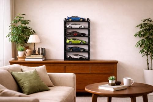 Image of 5-Car Display Rack - Premium Matte Black Tabletop Organizer with Tire Slots & Side Guards for 1:64 Scale Diecast Cars (Hot Wheels, Matchbox, Tomica,)(NO CAR INCLUDED)(Black)