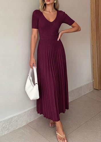 PRETTYGARDEN Women's 2026 Spring Midi Sweater Dresses Elegant Pleated Ribbed Knit Short Sleeve V Neck A Line Summer Outfits (Burgundy,Small) - image 6