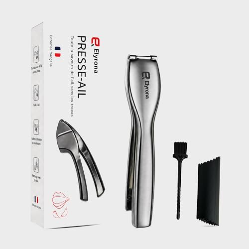 Elyrona - presse ail inox professionnel - hachoir manuel et écrase ail sans épluchage - presse purée inox - mini hachoir ail - coupe ail - eplucheur ail -...