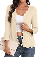 GRECERELLE Women's Lightweight V-Neck Cardigan Scalloped 3/4 Sleeves Shrugs Jumper Ribbed Soft Casual Knitwear Ladies Elegant Outwear, Oatmeal, L