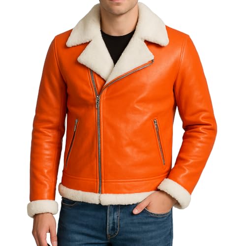 Men’s Ginger Orange Genuine Sheepskin Sherpa Shearling Faux Fur Lined Winter Warm Pilot Air Force Aviator B3 Bomber Leather Jacket