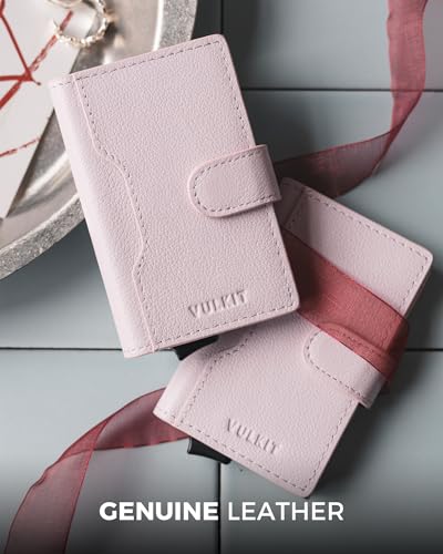 Image of VULKIT Slim Bifold Pop up Wallet Minimalist Leather Card Holder RFID Blocking Metal Card Case with ID Window for Women | with Leather Slots