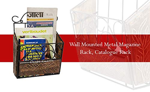 Image of Wood & Wrought Iron Modern Elegance Magazine Newspaper & Book Wall Rack for Home & Office, Black & Natural Finish, 38x28x11 cm (Magazine Rack Pack of 2)
