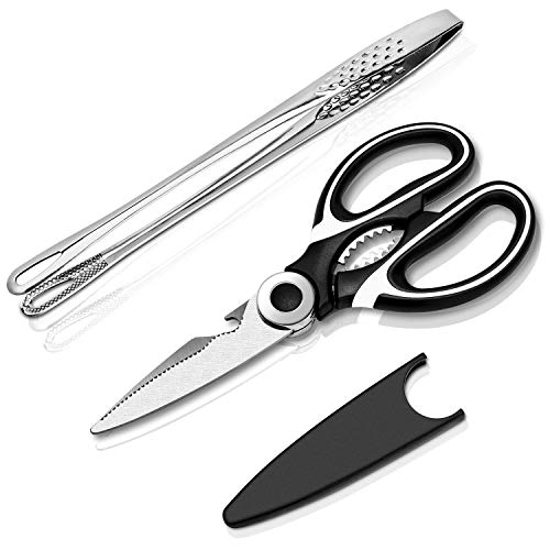 Kitchen Shears and Food Tongs - Heavy Duty Stainless Steel Food Scissors and stainless steel Kitchen Cooking tongs 94set of 2 for Chicken MeatFish Herbs Vegetable Steak Bread Pastry Black