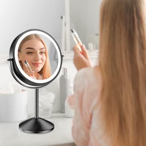 Benbilry 8" Lighted Makeup Vanity Mirror With 3 Color Dimmable Lights, 1X/10X Magnifying Rechargeable Double Sided Cosmetic Mirror, 360° Swivel Light Up Cordless Standing Mirror Black #TOP6