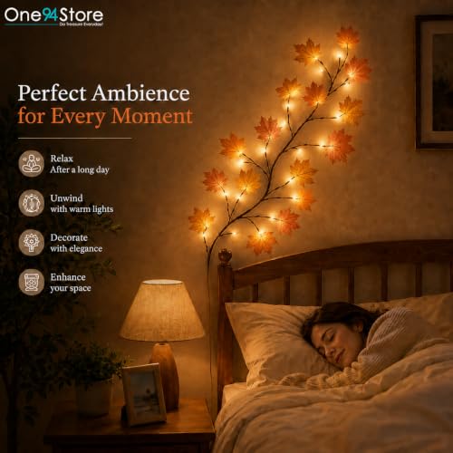 Image of One94Store Warm White Maple Leaf Vine Lights | 72 LED Tree Branch Wall Decor | Flexible Fairy String Lights for Bedroom, Living Room, Home Decoration, Diwali, Christmas, Wedding & Party