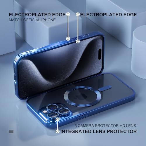 Image of Misea Magnetic for iPhone 15 Pro Max Case Compatible with MagSafe | [Never Yellowing] [Military Drop Protection] Full Camera Lens Protector Plating Soft Clear Phone Case for Women, Deep Blue