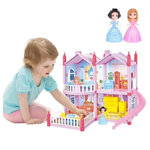 deAO Maison de Poupée avec 2 Princesses, Meubles et Accessoires, Maison de Poupée de Rêve Rose pour Petites Filles - 4 Pièces et 1 Jardin, Meubles et Accessoires, Cadeau pour Filles de 2 à 8 Ans