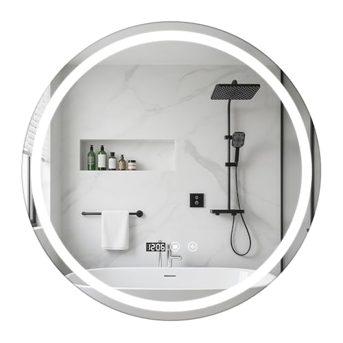 Espejo baño con luz LED redondo 60 cm con función antivaho, interruptor táctil y hora/temperatura — Espejo de baño con luz para maquillaje, dormitorios y hoteles, instalación fácil y diseño seguro