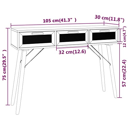 Mesa consola negra de madera de pino y ratán con 3 cajones de 105 cm 3