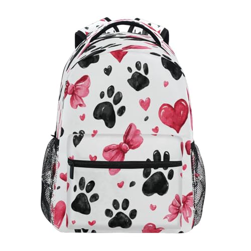 Dussdil Pink Bows Hearts Black Dog Paw Kids Backpack School Backpacks for Boys Girls 16 IN Book Back Pack Bag Casual Travel Daypack with Adjustable Shoulder Strap Zipper