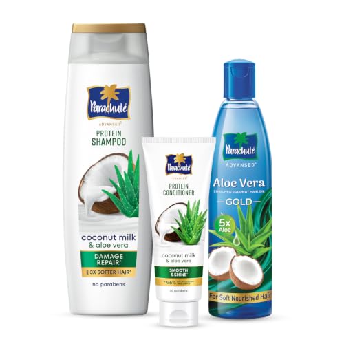 Image of Parachute Advansed Damage Repair Set | For Damage Repair | 48Hrs Frizz control | Coconut Milk & Aloe Vera | Hair Oil + Shampoo + Conditioner | 910ml