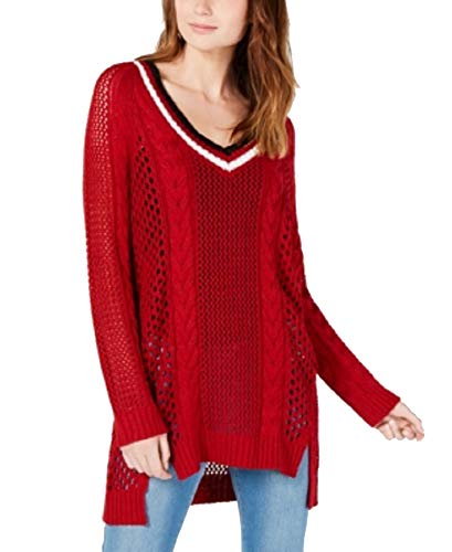 Ultra Flirt by Ikeddi Juniors' Pointelle Varsity Tunic Sweater (Chili Pepper, L)