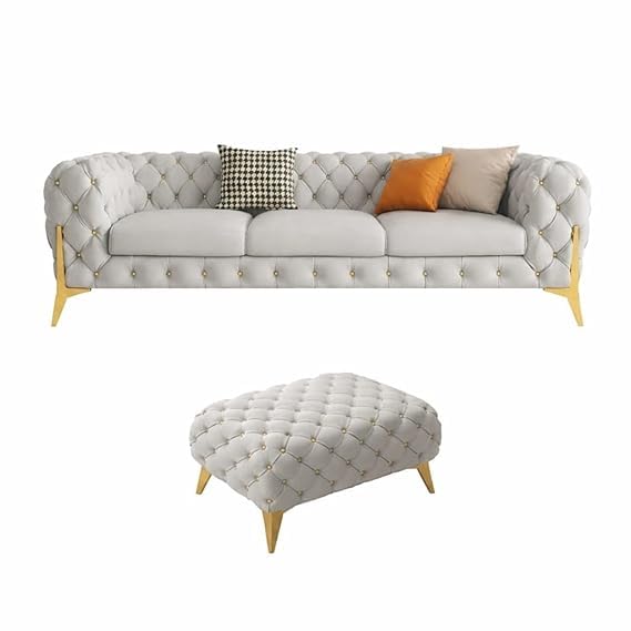 Image of A to Z Furniture Modern Classic Fabric & Valvet Tufted Chesterfield Sofa Living Room and Office (3+1= 4 Seater Sofa Set with Footrest Grey)
