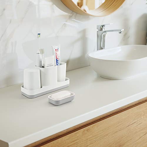 Vitviti Toothbrush Holder For Bathroom, Bathroom Organizer Storage Set With 2 Bathroom Tumblers, For Vanity Countertop/Toothpaste/Kids, 5 Compartments White + Gray Plastic #TOP5