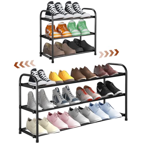 Zaxiva Zapatero Extensible de 3 Niveles, Organizador de Zapatos Ajustable 45-83cm, Estanteria Zapatos de Metal Negro con Revestimiento Antioxidante para Armario, Pasillo, Salón y Entrada