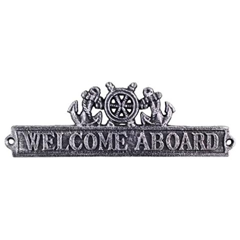 Hampton Nautical Antique Silver Cast Iron Welcome Aboard Sign with Ship Wheel and Anchors 12"-Nautical Home Decor, 9" Cover