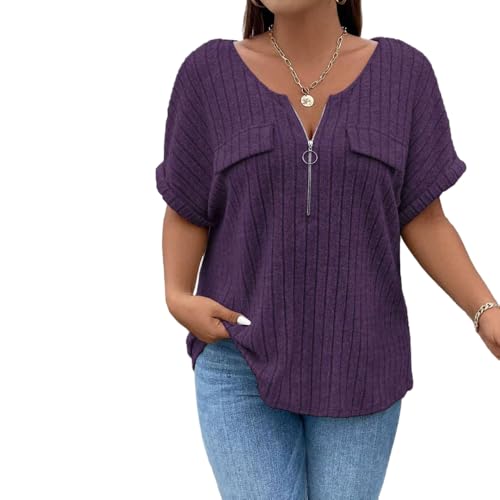 T-shirt loose femme grande taille avec col zippé et fausse poche chic