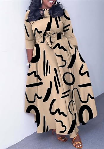 Casual Floral Print Plus Size Maxi Dress for Women 3/4 Sleeve High Waist Flowy Ruffle Fall Dresses with Belt2