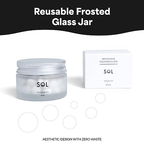 Sol Teeth Whitening Eco Friendly Toothpaste Tablets, Zero Waste Toothpaste Bits, Travel Friendly Reusable Glass Jar, Plastic Free, Vegan, Fluoride Free, Clean Fresh Breath, Mint Flavor Tabs, 60 Tablet #TOP4