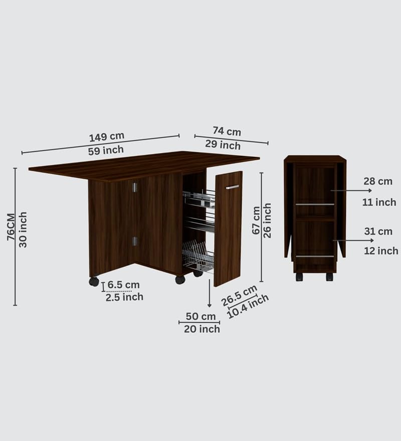 Image of SPECIALITY PANELS Folding Dining Table with 6 Wheels | Engineered Wood | Compact Design | Tables for Small Spaces | Termites Resistance | Kitchen Table in Redica Walnut Finish