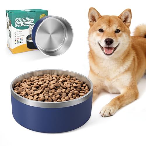 Image of Dog Bowl for Food and Water, 40 Oz Stainless Steel Pet Feeding Bowl, Durable Non-Skid Double Wall Insulated Heavy Duty with Rubber Bottom for Medium Large Sized Dogs Cats (40 Ounces /5 Cup, Blue)