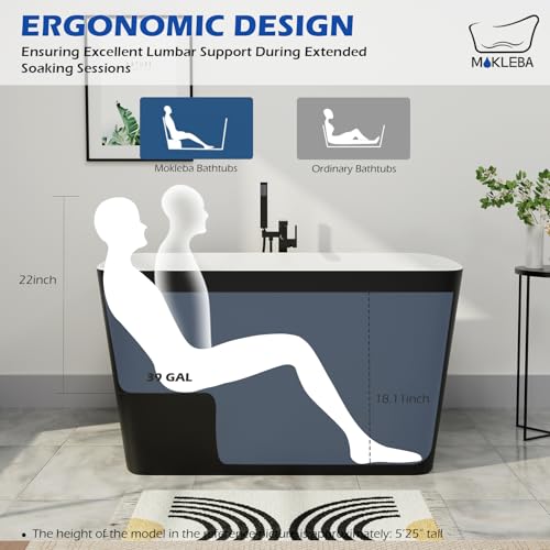 Mokleba 47" Lucite Acrylic Freestanding Bathtub,Square Shape Janpanese Soaking Tub with Seat Desgin,Toe-tap Chrome Right Drain, Slotted Overflow, cUPC Certified,Matte Black