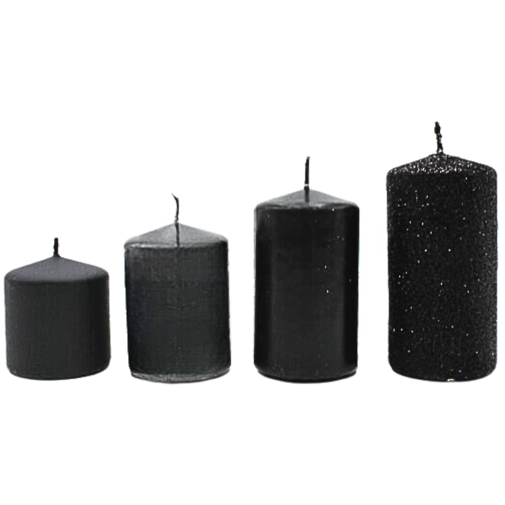 Dekohelden24 Advent Candles, Pillar Candles, Black Glitter, 4 Pieces, Tiered Sizes 5x5x5cm to 5x5x9cm