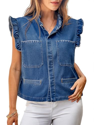 Tankaneo Womens Denim Vest Ruffle Sleeve Summer Causal Cropped Jean Vests Tops Sleeveless Jackets