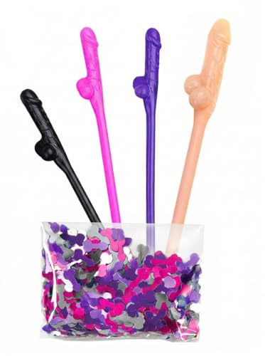 Bachelorette Party Pennis Straws and Confetti Pack 30 Pcs Adult Funny Novelty Willy Drinking Straws Naughty Hen Party Decorations with 1 Large Straw Bride Favors
