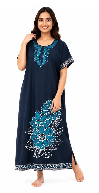 Women's Navy Blue Floral Print Maxi Nighty - XXXL-picture-40
