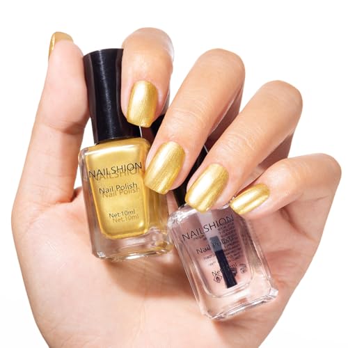 Nailshion Metallic Gold Nail Polish with Base Top Coat 3 IN 1 Nail Strengthener Quick Dry Clear & Liquid Golden Nail Polish Duo Opaque Non-Gel Professional Nails Art Kit Home Manicure DIY Gift