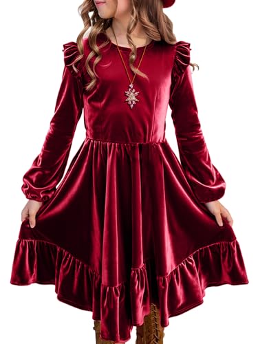Girls Christmas Dress Velvet Fall Winter Ruffled Crew Neck Long Sleeve A-line Party Outfits Dresses