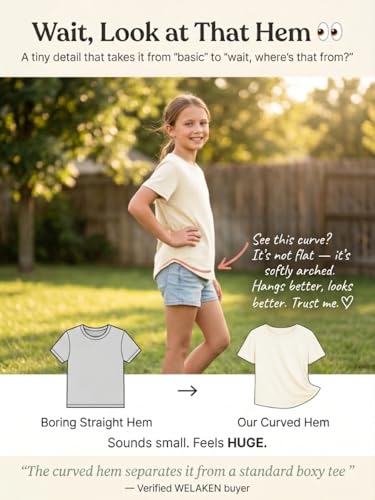 Image of WELAKEN Girls Soft T-Shirt with Curved Hem, Breathable Stretchy Rayon Crewneck Short Sleeve Tees, Kids Everyday Basic Top