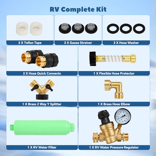 Image of RV Water Pressure Regulator Kit, All in One Camper Fresh Water Kit - Inline Water Filter, Flexible Hose Protector, Brass Hose Elbow, Teflon Tape, 2 Way Y Splitter, Toolbox, 3 /4 Hose Quick Connects
