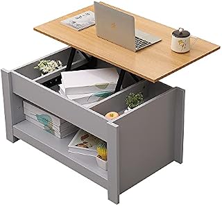 HOME MODERN Wooden Lift up Top Coffee Table Sofa/Tea Table with 3 Hidden Storage Compartment and Bottom Storage Shelf for Living Room,Grey