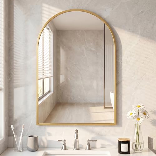 Image of NEWBULIG 26 inchx38 inch Wall Mirror, Bathroom Mirrors for Over Sink, Gold | Matte Metal Framed Vanity Mirror with Tempered Glass, Entryway, Living Room, Bedroom
