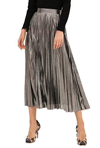 CHARTOU Women's Stretchy High Waist Metallic Pleated Accordion Long Swing Party Skirt (Medium, Silver)