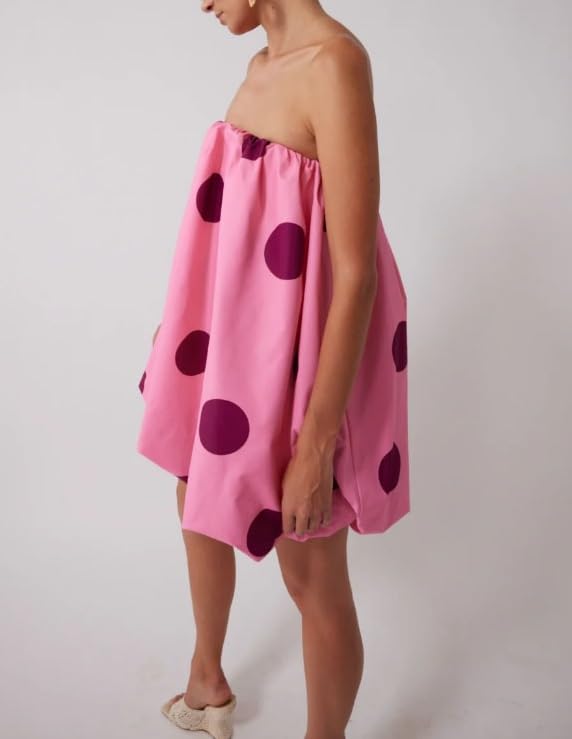 Image of Faretumiya Women Polka Dot Bubble Mini Dress Strapless Flowy Short Tube Dress Off Shoulder Y2k Balloon Dress Party Beach(