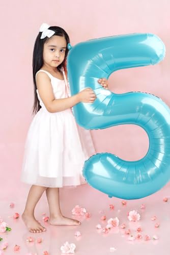 Image of 5 Balloon Numbers Birthday Decorations, 40In Pearl Blue Balloons for Party | Eye-catching Appearance, Perfect Decorative Centerpieces, Convenient Self-sealing Structure, Widely for Various Occasions