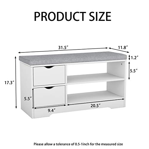 TITISKIN Shoe Storage Bench with Gray Cushion Wooden Shoe Rack Bench with 2 Shoe Rack 2 Drawer and Storage Bags Hallway Ottoman Shoe Cabinet Bench Seat for Entryway Bedroom Living Room, White - Thumbnail 4