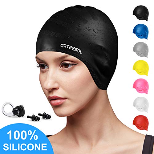 arteesol Swimming Cap, Silicone Swim Cap with Anti-Tear Anti-Slip Design for Long Hair Women and Men (Black)