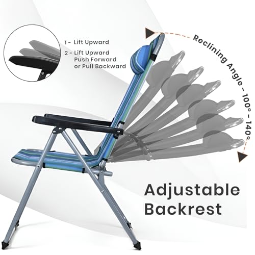 Image of ORILEY Folding Beach Chair with Adjustable Pillow and Arm Rest Portable Lightweight Rainbow Stripped Foldable Fishing Chairs for Travelling Picnic & Outdoor (Large, Blue & Green Stripe)