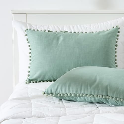 Image of 100% Cotton Pom Pom Cushion Without Filler, Elegant & Modern Cushion Cover for Living Room, Rectangle, 12 inchx20 inch, uni slub, Set of 5 - Celadon Green