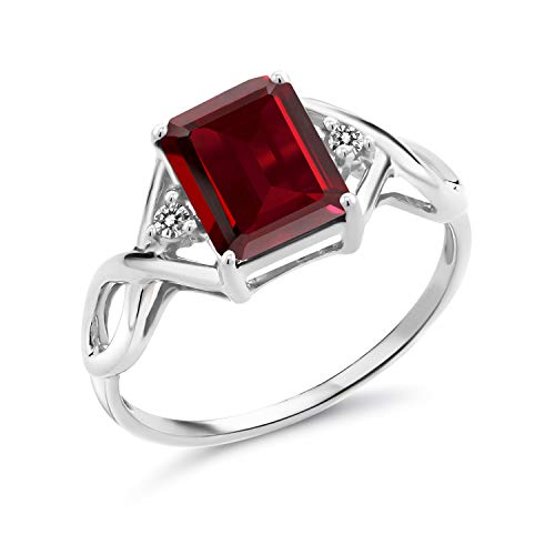 Gem Stone King 925 Sterling Silver Red Garnet and White Diamond Engagement Ring For Women (2.68 Cttw, Emerald Cut 9X7MM, Gemstone Birthstone, Available in Size 5,6,7,8,9)