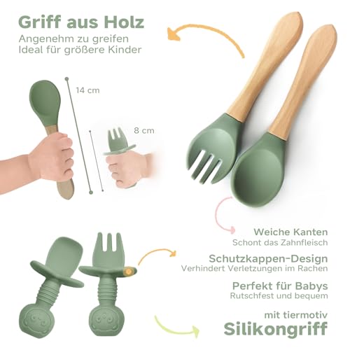 NEXROLA Baby Geschirrset 8 Stück, Kindergeschirr Set, Baby Teller mit Saugnapf, Trinklernbecher, Lernlöffel Baby, Silikon Lätzchen Baby, BPA-frei, Baby Besteck für Spülmaschine und Mikrowelle, Grün