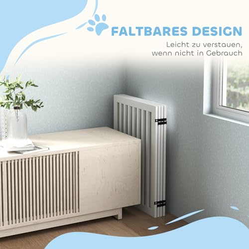PawHut Absperrgitter Hund Freistehendes Treppengitter mit Füßen Holz 240 x 81 cm Hundegitter Schutzgitter Treppenschutzgitter für Treppen, Türen, Türschutzgitter für Küche, Flur, 4 Paneelen, Weiß